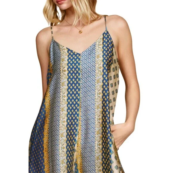 Boho Wide Leg Silky Satin Palazzo Jumpsuit M Multicolor Hippie Gypsy - Picture 8 of 16